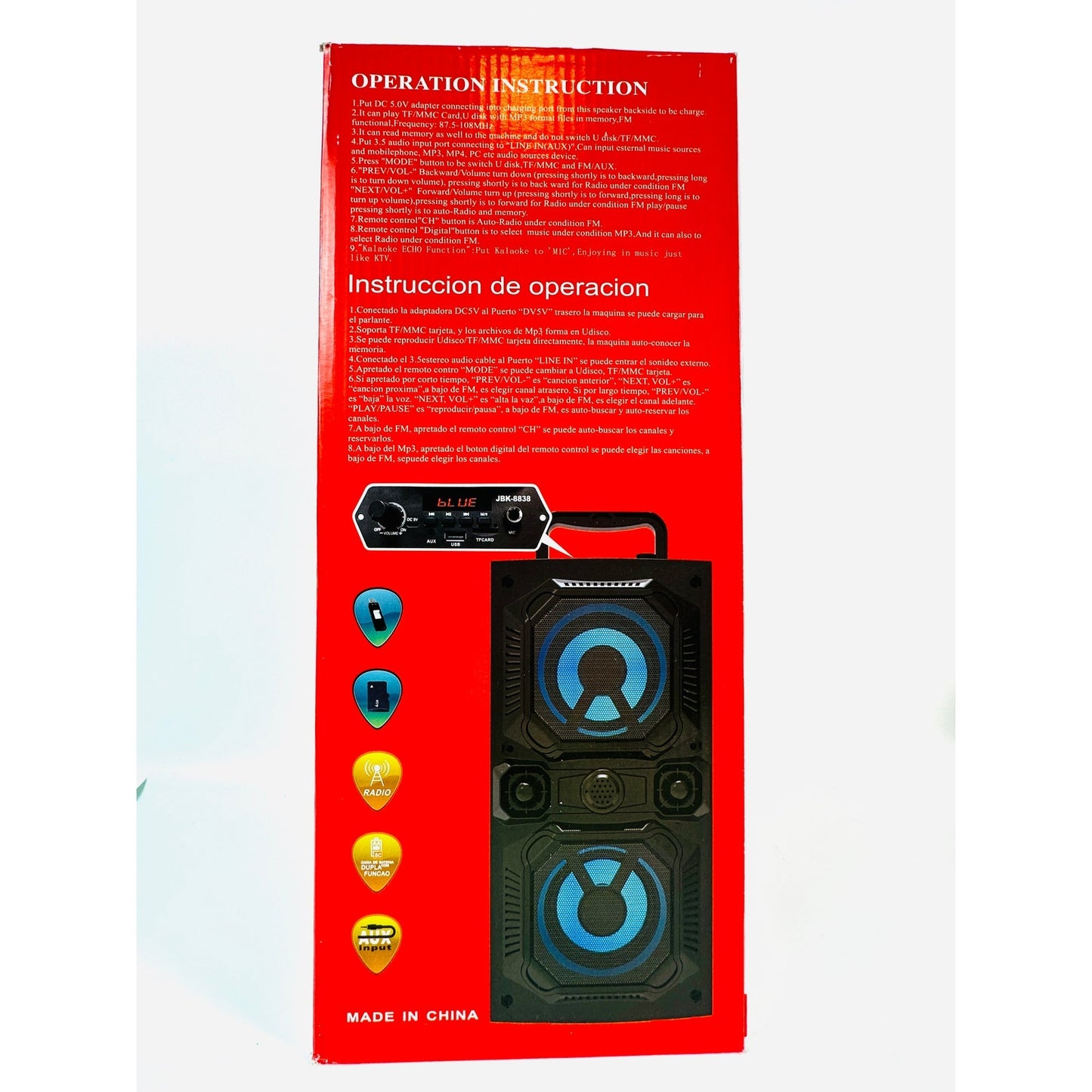JBK 8838 Hi Fi Wireless Bluetooth Speaker Blue LED Party Light Dual 4 Inch New