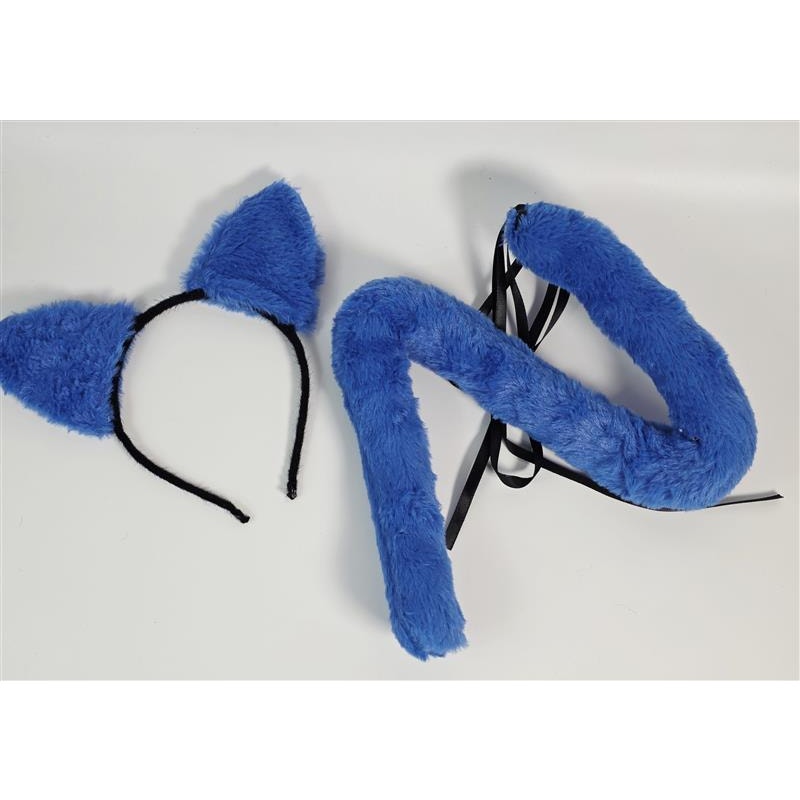 πΎπ Fuzzy Blue Cat Ears Headband + Plush Tail Costume Set (One Size)