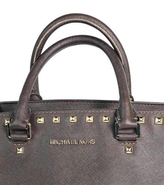 π Michael Kors Studded Saffiano Leather Satchel β Espresso Brown (Gently Used)