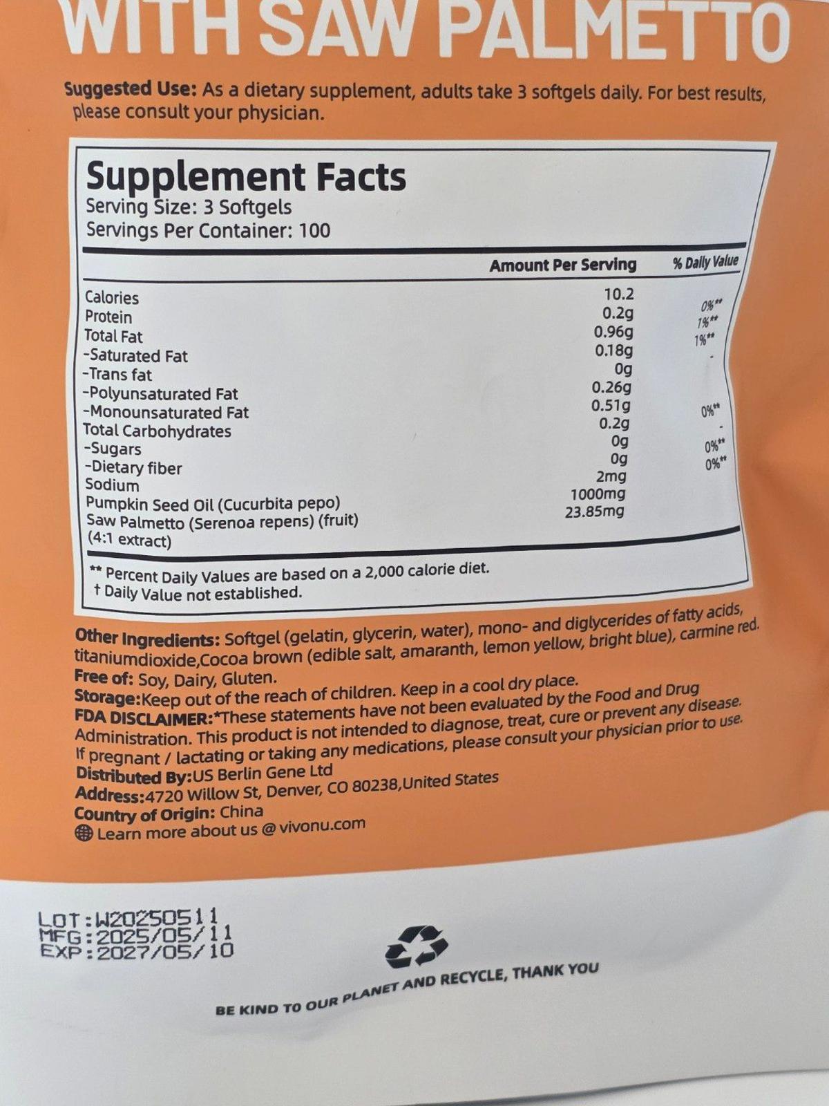 Pumpkin Seed Oil + Saw Palmetto Softgels (300 ct)