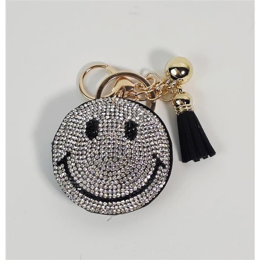 ๐โจ Rhinestone Smiley Medallion Keychain Charm w/ Tassel (Black/Gold)