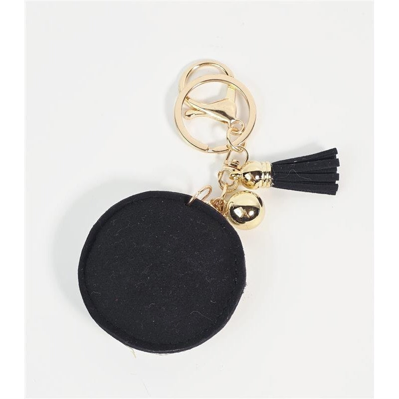 πβ¨ Rhinestone Smiley Medallion Keychain Charm w/ Tassel (Black/Gold)