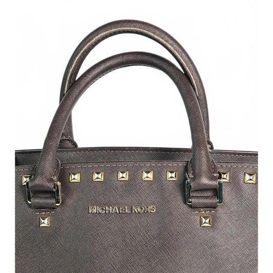 π Michael Kors Studded Saffiano Leather Satchel β Espresso Brown (Gently Used)