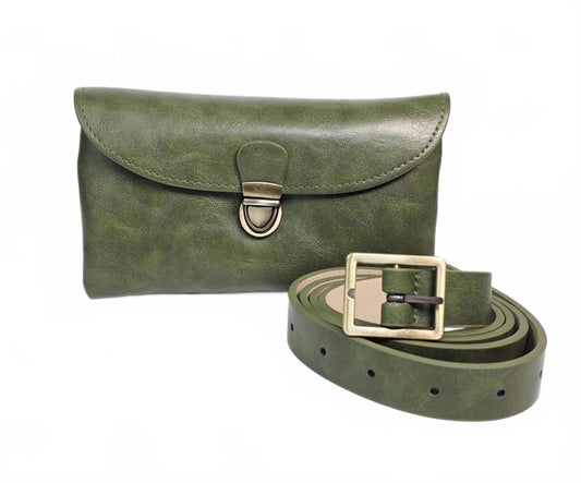 π« Olive Green Faux Leather Belt Bag & Clutch Set