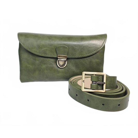 🫒 Olive Green Faux Leather Belt Bag & Clutch Set