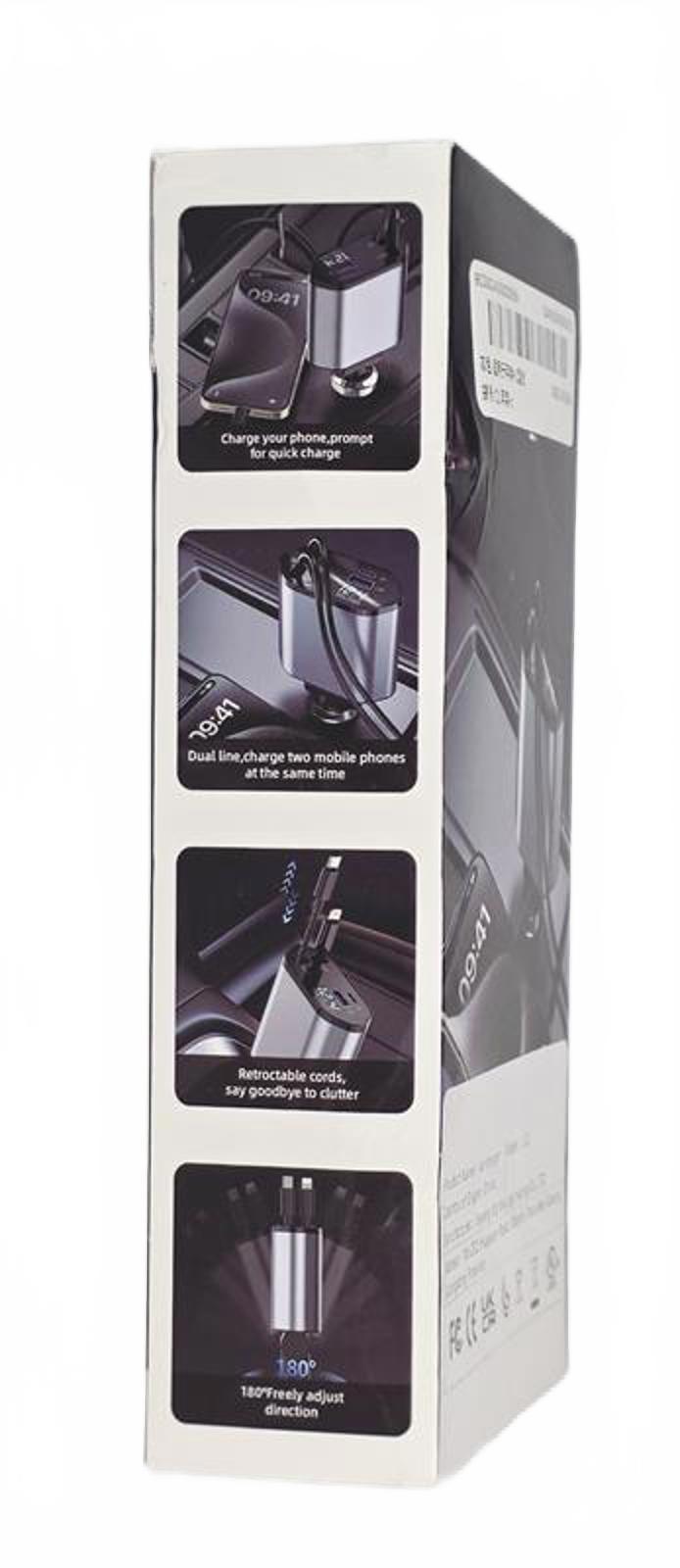 ⚡ 4-in-1 Retractable Car Charger – Dual Port + Type-C + Lightning Combo