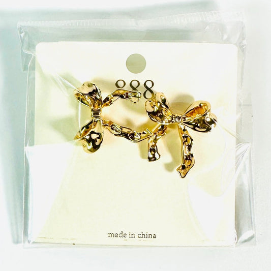 🎀 888 Gold Tone Bow Stud Earrings w/ Velvet Gift Pouch New