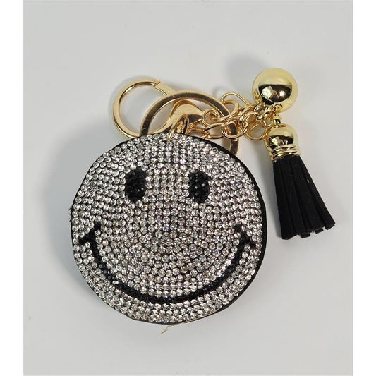 😊✨ Rhinestone Smiley Medallion Keychain Charm w/ Tassel (Black/Gold)