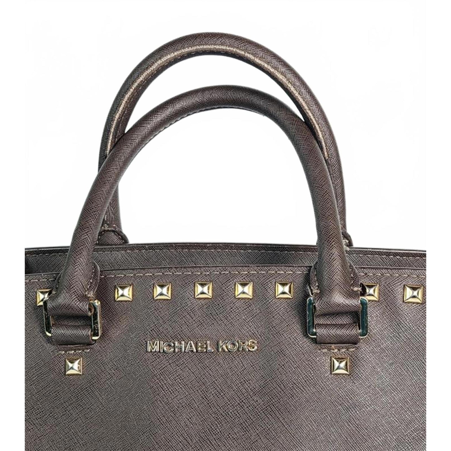 👜 Michael Kors Studded Saffiano Leather Satchel – Espresso Brown (Gently Used)
