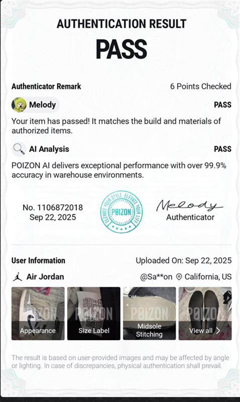 Nike Air Jordan 1 Retro High OG White Cement – Size 12.5 (POIZON Verified)