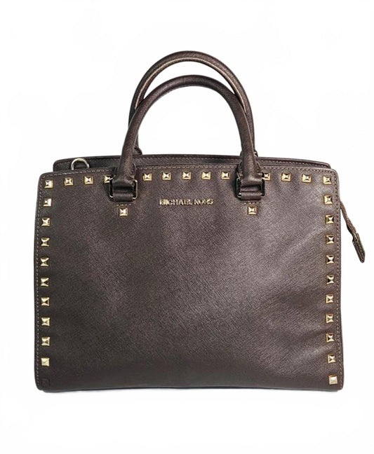 👜 Michael Kors Studded Saffiano Leather Satchel – Espresso Brown (Gently Used)