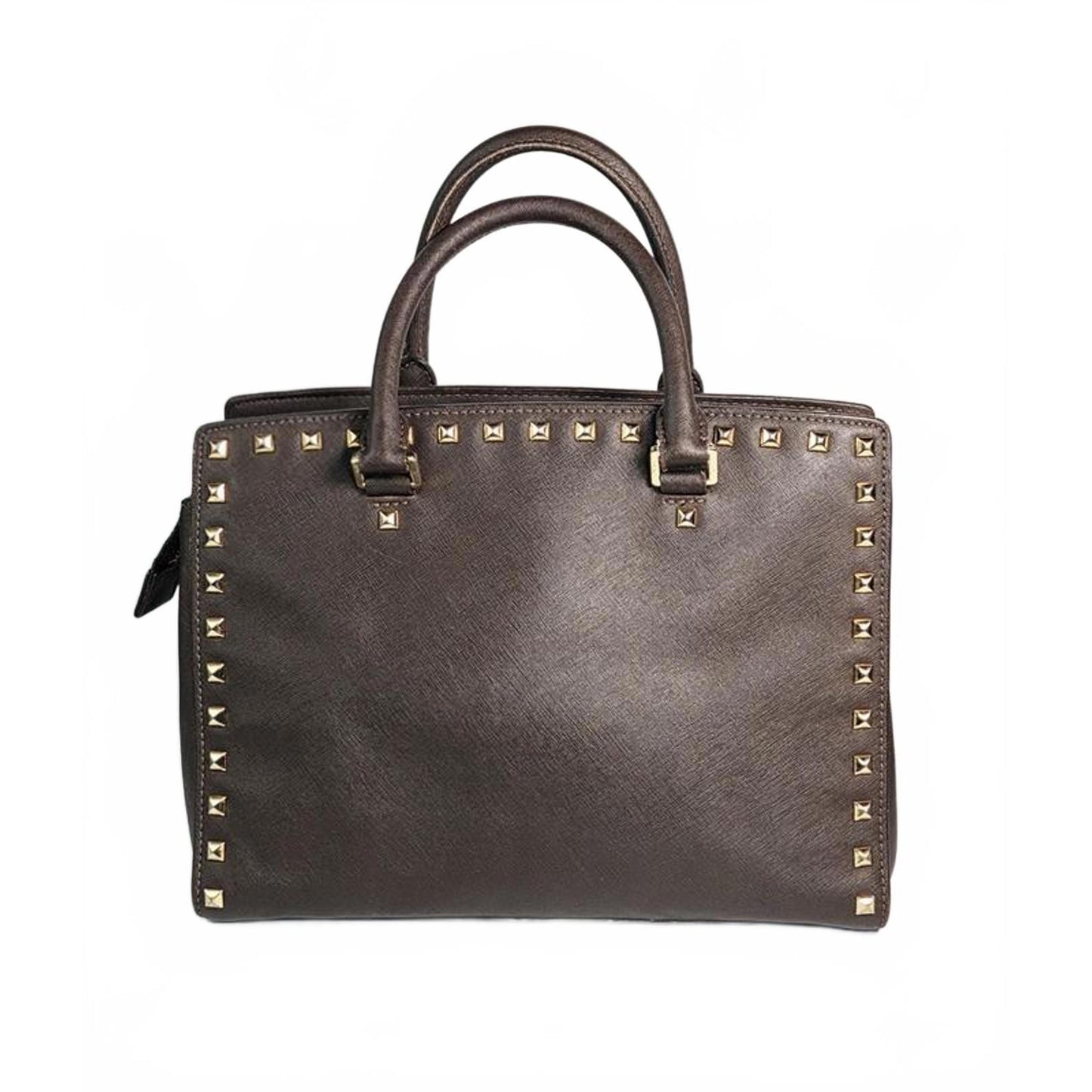 👜 Michael Kors Studded Saffiano Leather Satchel – Espresso Brown (Gently Used)