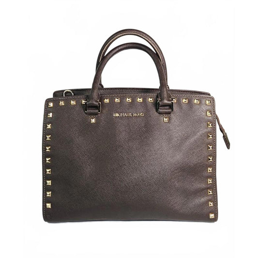 👜 Michael Kors Studded Saffiano Leather Satchel – Espresso Brown (Gently Used)